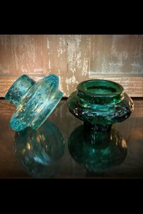 3" H x 3"L SET OF 2 EMERALD & ICE GLASS VOTIVE/TAPER CANDLE HOLDER [481541]